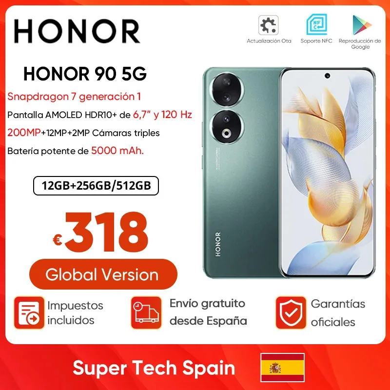 Global Version HONOR 90 5G Smartphone 200MP Ultra-Clear Camera Snapdragon 7 Gen 1 5000mAh Battery 66W SuperCharge 120Hz Display