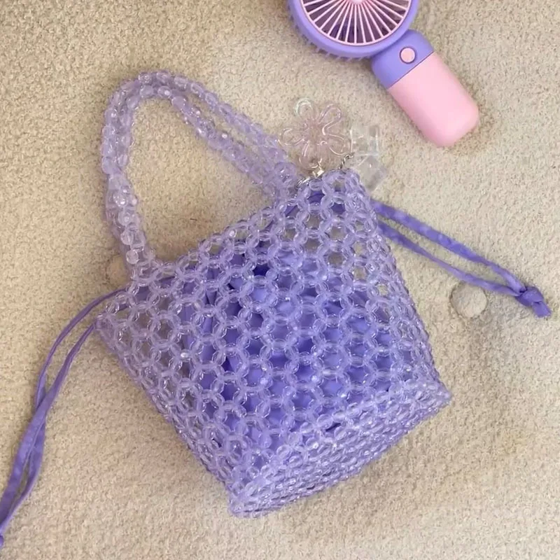 Women Beaded Bag Summer Design Hollow-out Woven Bead Handbag Small Bucket Bag With New Pendant
