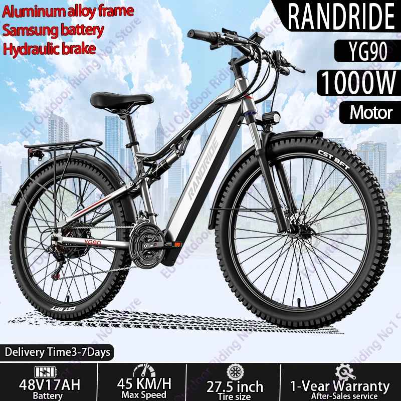 RANDRIDE YG90 E-Bike 1000W Motor 48V 17AH Lithium-Akku Höchstgeschwindigkeit ​ ​ 45 km/h hydraulische Bremsen Mountainbike Offroad-Elektrofahrrad 27,5 Zoll Reifen Vollfederung