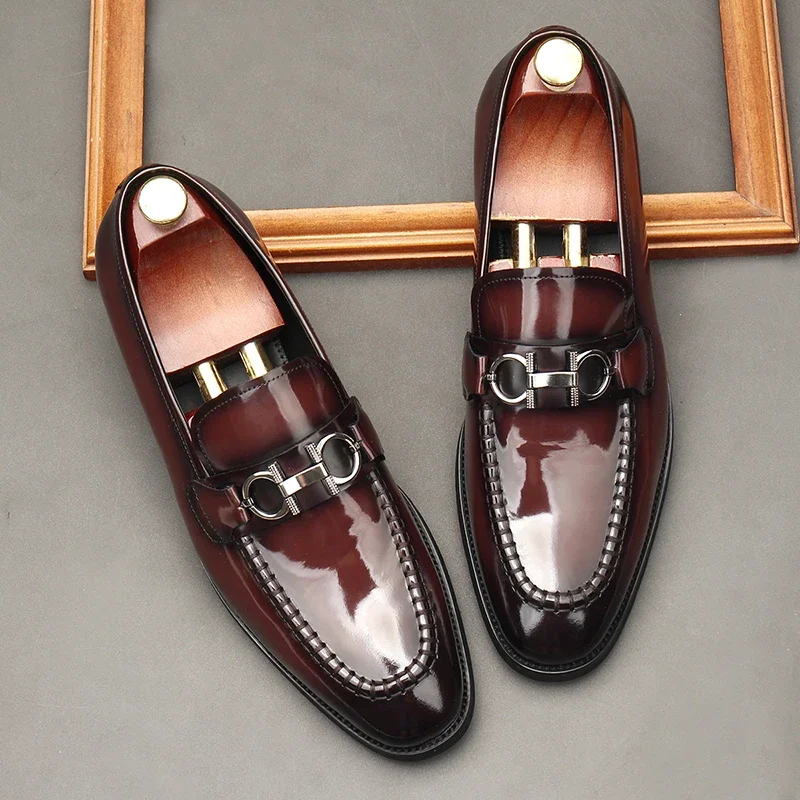 Spring and Autumn New All Cowhide Open Edge Beaded Bright Face Slip-on Business Dress Leather Shoes Men's Lefu Shoes