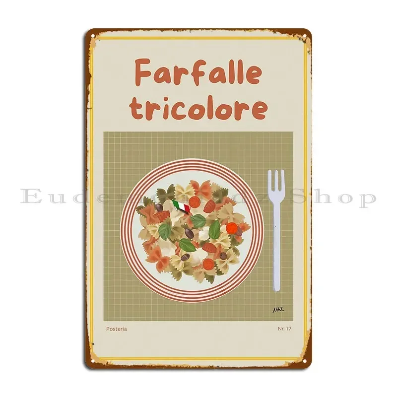 Ilustración de Farfalle Tricolore con Pasta Farfalle, Tomates, Aceitunas, Mozzarella y Albahaca, Placa Metálica Personalizada para Club o Sala de Estar