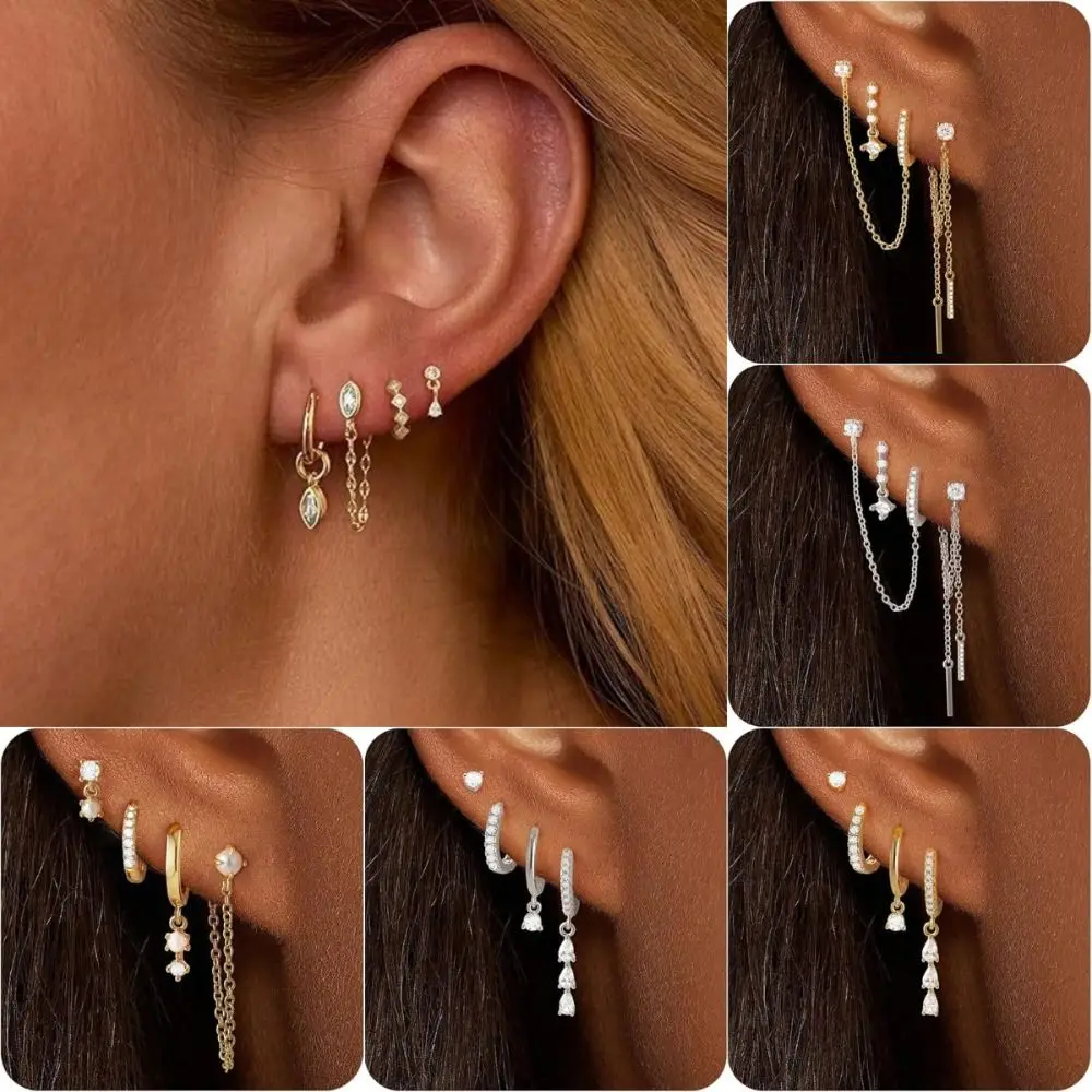 4Pcs/Set Zircon Drop Earrings Set Chain Geometric Hoop Pendant Earrings Set Multiple Piercing Adjustable Huggie Hoop Earrings