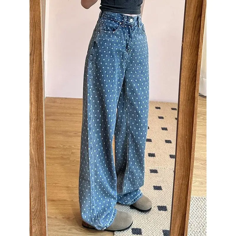 Jeans Wave Point Blue High Waist Straight Baggy Denim Pants Europe And America Fashion Large Size Y2K Female Wide Leg Trouser