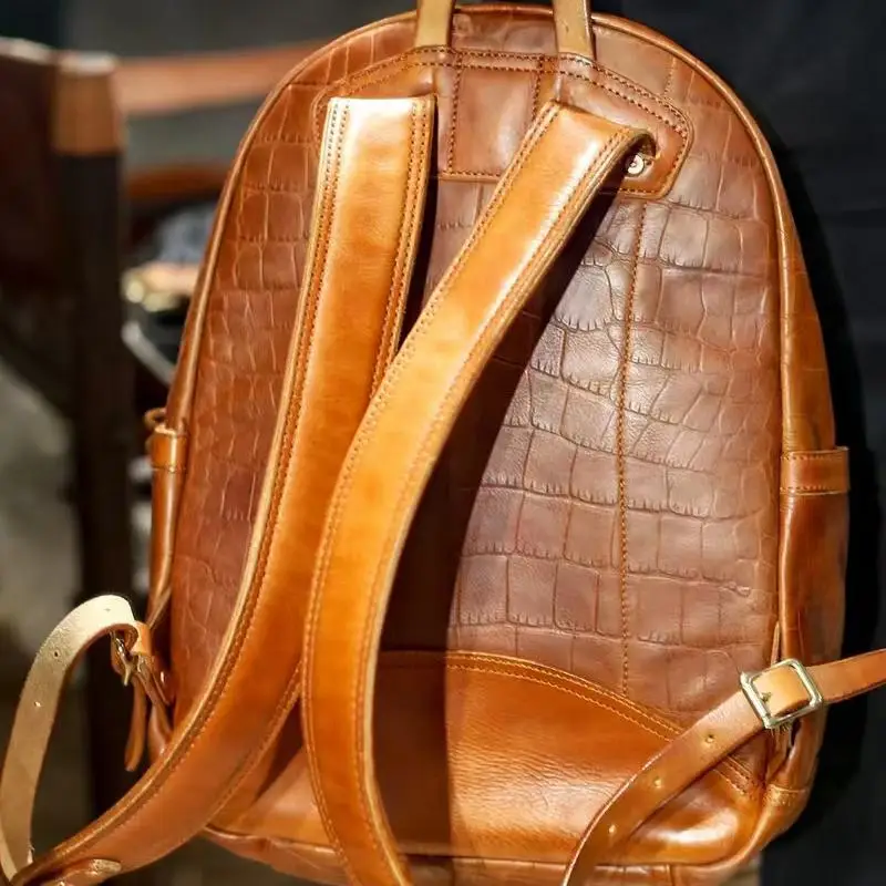 Vintage handmade vegetable tanned cowhide men's women's backpack casual outdoor travel work genuine leather laptop bookbag