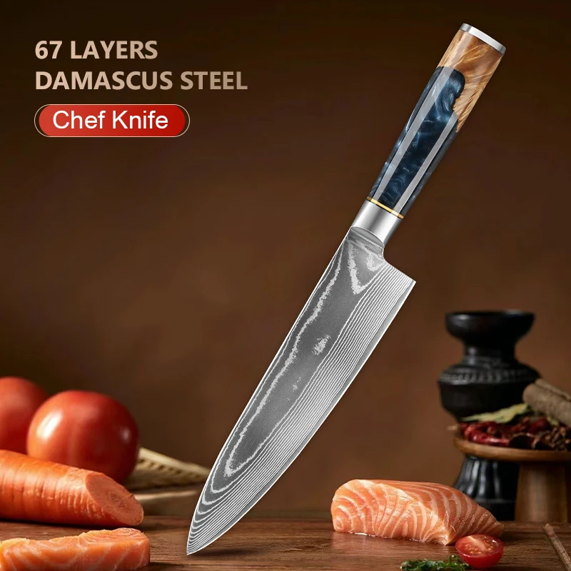 

8-дюймовый 67-слойный кухонный нож из дамасской стали Pro, кухонный нож шеф-повара, нарезка овощей и мяса с ручкой из черной смолы