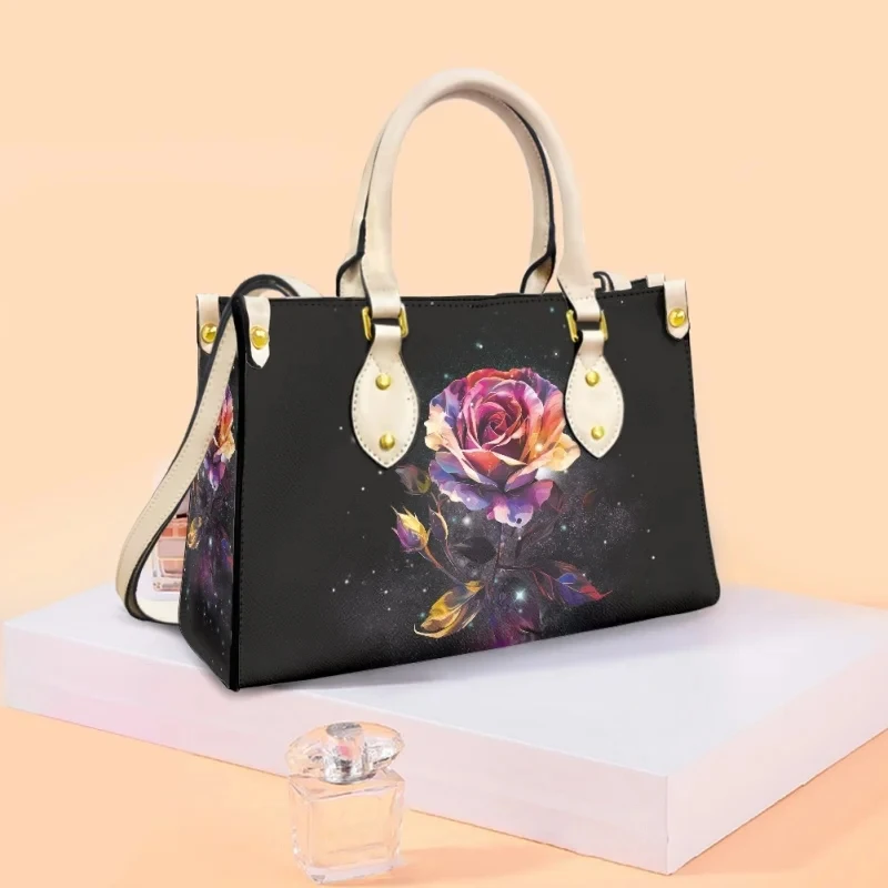 

Colorful Rose Rainbow Flowers Design Handbags One Shoulder Leather Tote Bags Women Fashion Portable Bag Shopping Commuting Totes