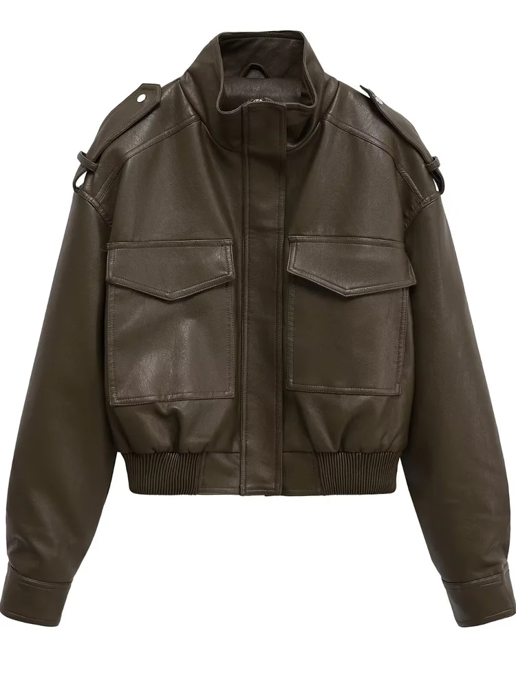 Damska kurtka skórzana, luźny krój, długi rękaw, stójka, styl pilotka, płaszcz sportowy, nowość na jesień, modna odzież damska.