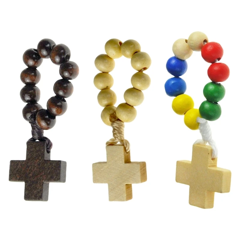 10pcs Wood Beads Finger Rosary With 8mm Beads and Crosses Pendants for Prayer Meditations Elegant Wood Grains Rosary Beads