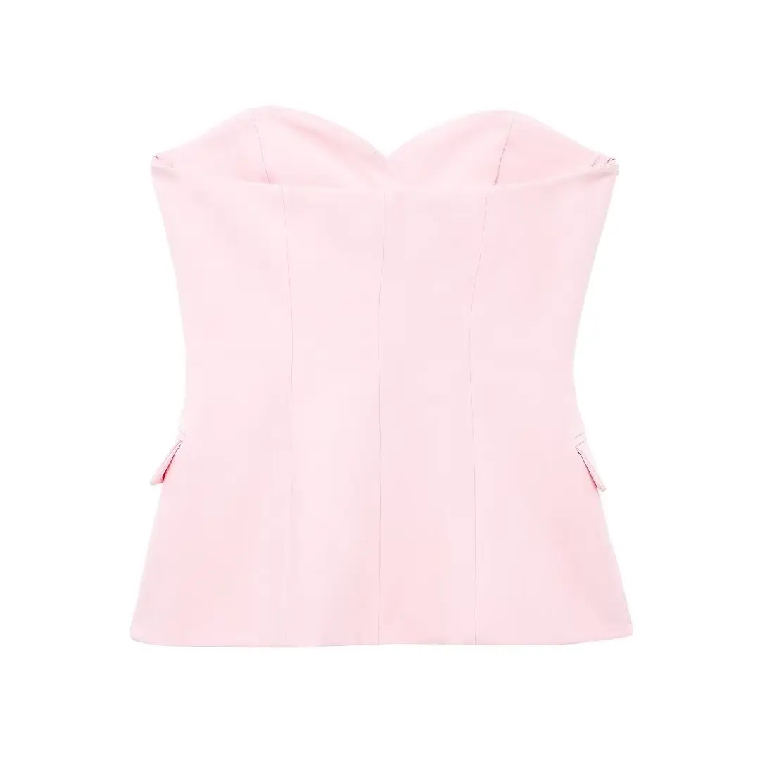 Tangada 2024 Women Pink Strapless Cropped Vest Ladies Waistcoat Sleeveless Elegant Top 3H0719