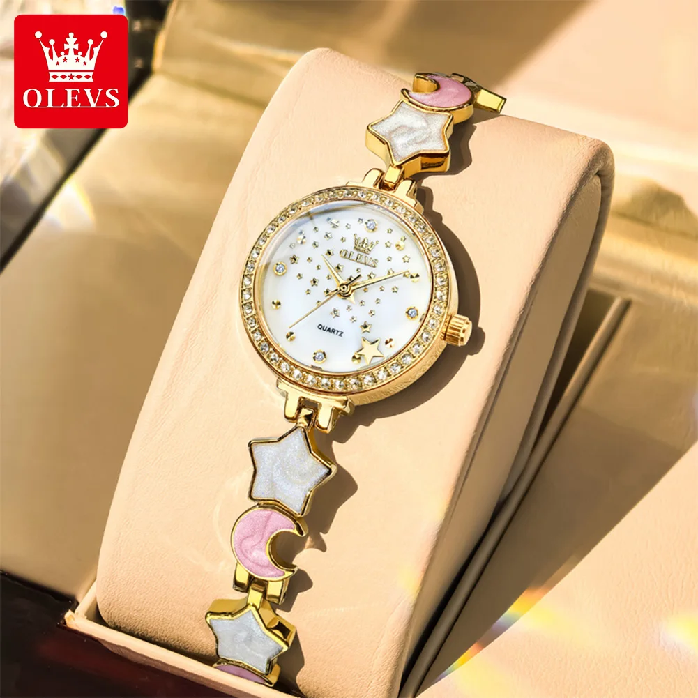 

OLEVS роскошные модные женские часы Star Moon Strap водонепроницаемые кварцевые часы для женщин со звездным бриллиантовым циферблатом оригинальные наручные часы