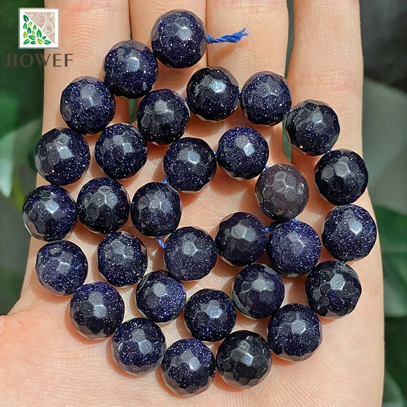 Natural Stone Smooth Faceted Blue SandStone Round Loose Beads For DIY Jewelry Making Bracelet Accessories 15'' 4/6/8/10/12mm