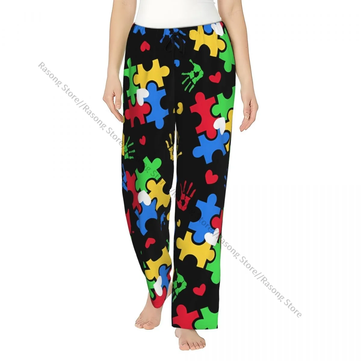 

Warm Women Pajama Pants Autism Awareness Colorful Puzzle Piece Flannel Sleep Bottoms Soft Fleece Loungewear