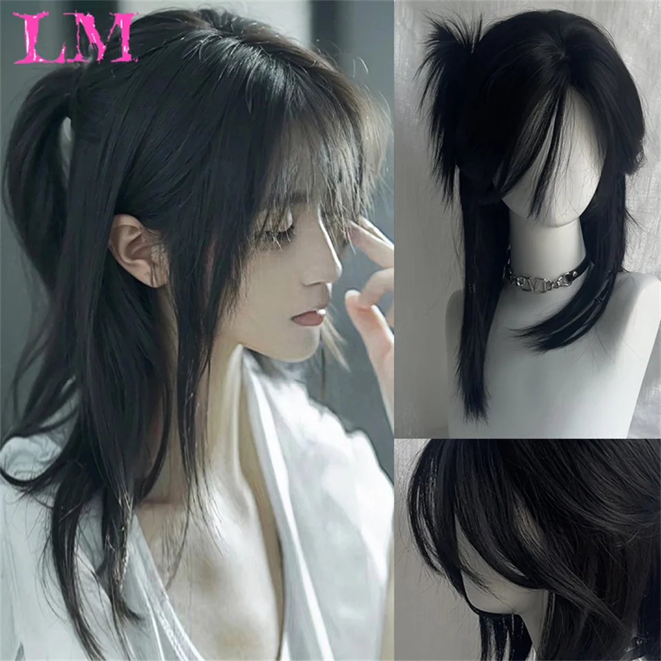 LM Fashion Men Synthetic Black Short Wig With Middle Parted Bang DIY Styling Wig for Men Daily Wear Toupee Hairpieces Straight H