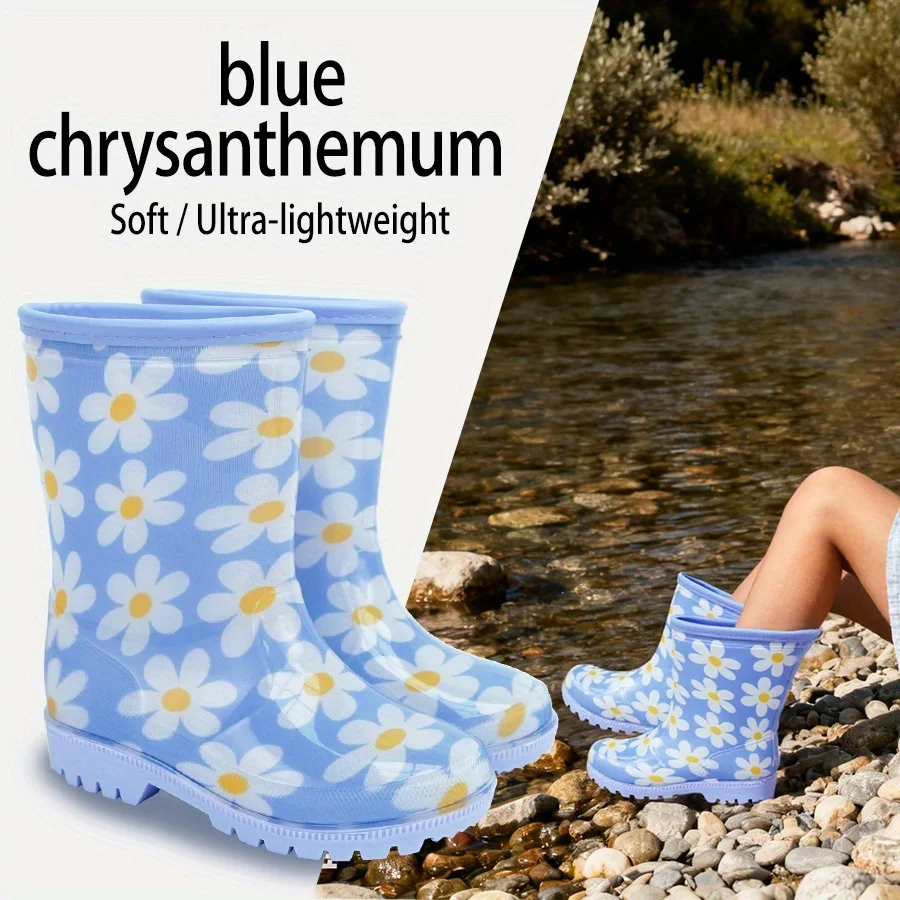 

Girls PVC Kids Rain Boots Waterproof Flower Pattern Anti-Slip Toddler Rain Shoes No Fur Liner