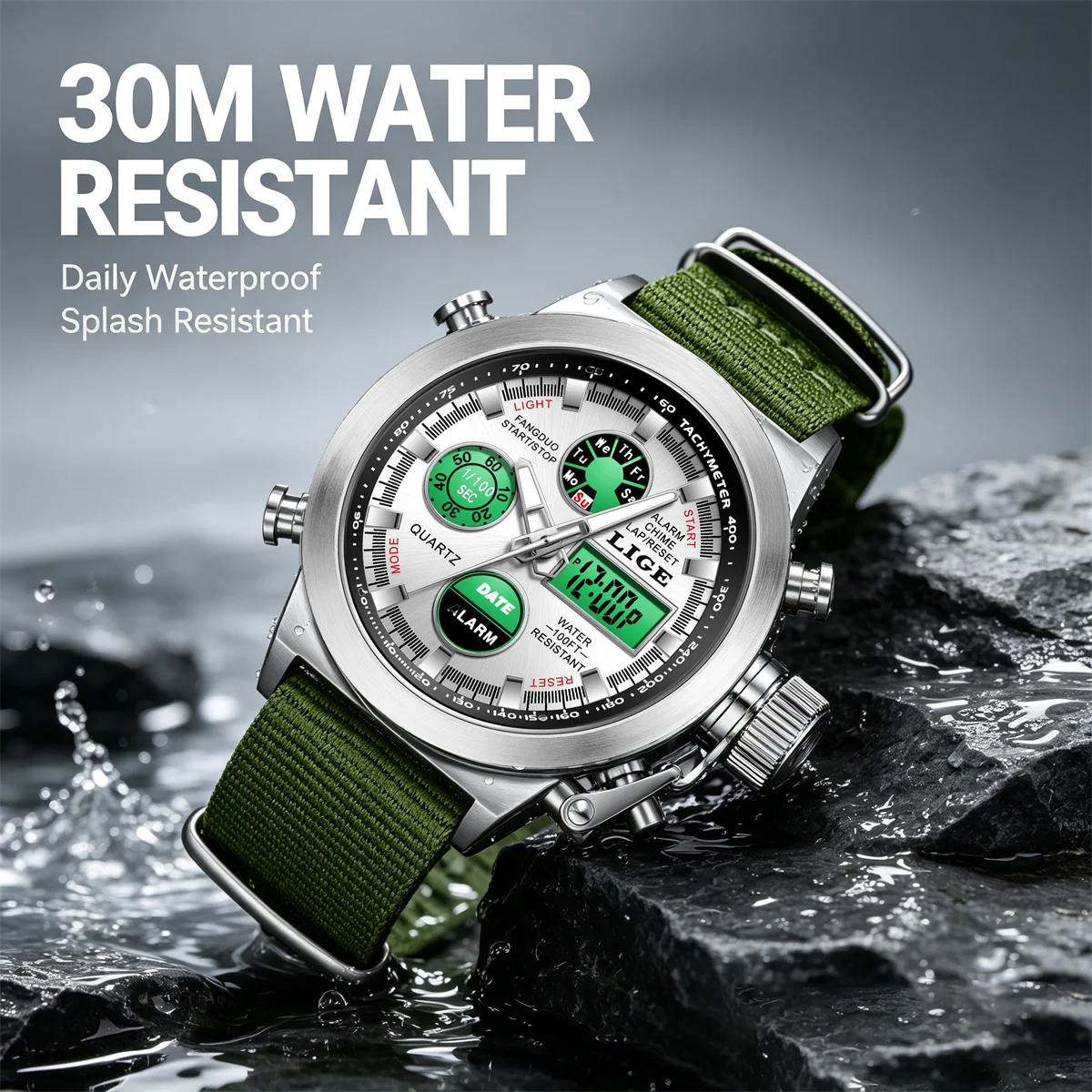 LIGE Top brand luxury watches mens electronic male watch fashion LED dual display luminous week alarm clock military quartz Men