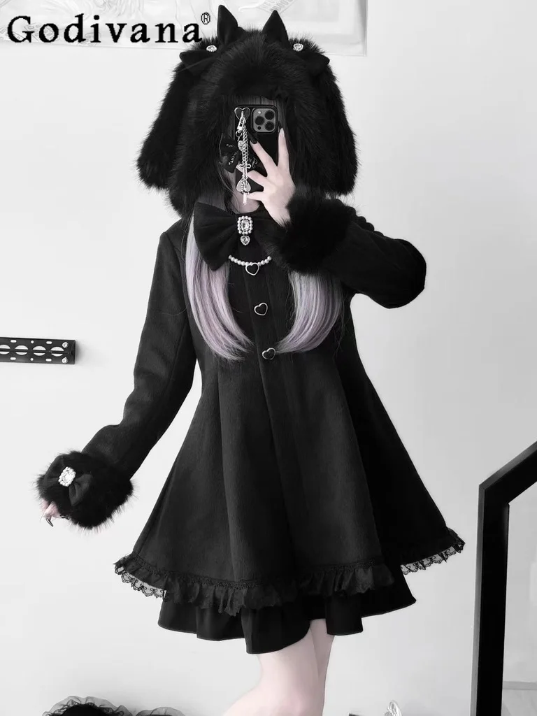 

Original Subculture Mine Black Woolen Jackets Coats Winter 2025 New Girls' Sweet Cute Bow Pearl Detachable Hat Overcoat Women