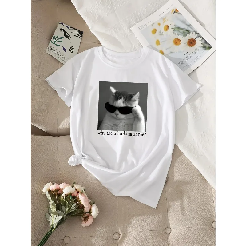 

2025 Новая женская футболка с забавным принтом «Кот и слоган» и круглым вырезом, повседневная хлопковая футболка с круглым вырезом, повседневная женская трендовая футболка Y2K