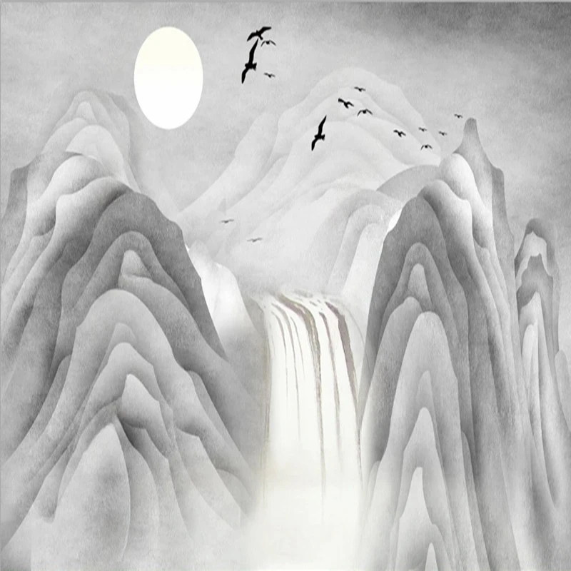 

Custom Hand-Painted New Chinese Style Landscape Waterfall Wall Murals Wallpaper Wall Decor for Living Room Bedroom Office