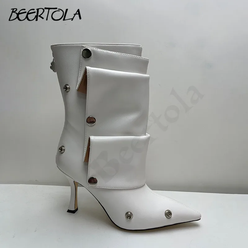 Stivali corti con cuciture a rivetto in metallo tacchi a spillo con punta a punta stivali moda a due vie con cerniera posteriore scarpe da donna