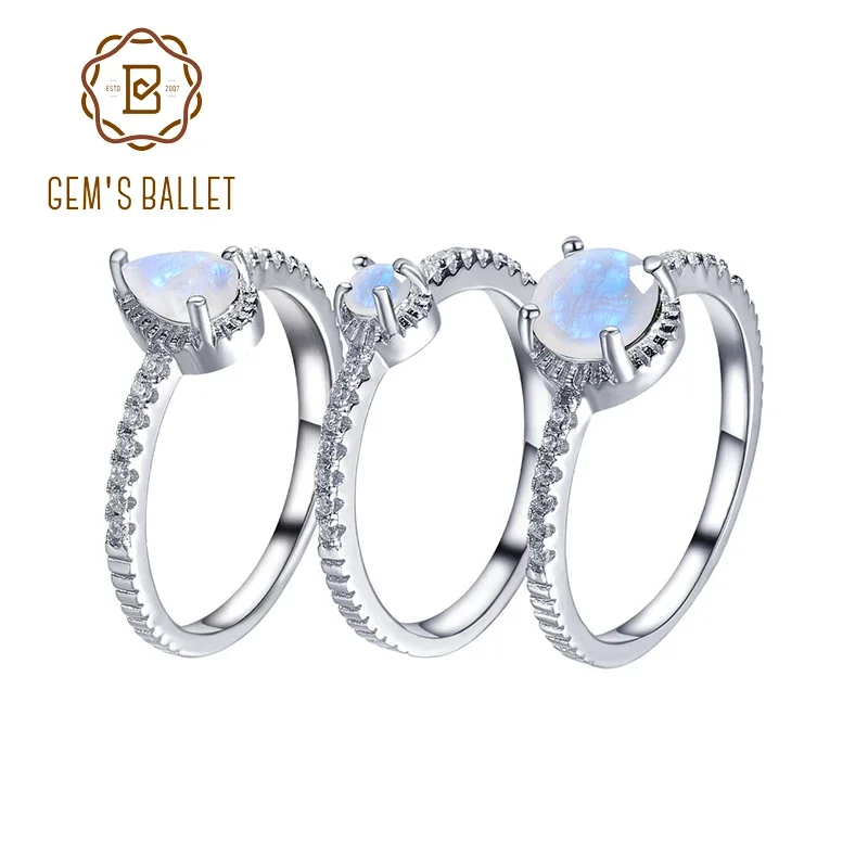 

GEM'S BALLET Art Deco Набор обручальных колец с натуральным молочно-синим лунным камнем, комплект из 3 предметов, свадебный комплект из стерлингового серебра 925 пробы, подарок для нее