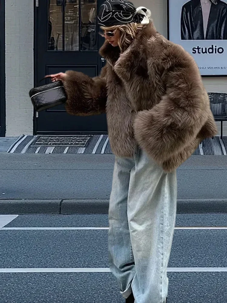 

Autumn Winter Female Warm Outerwear Fashion Women's Solid Faux Fur Jacket Wide Lapels Oversized Silhouette Full Sleeve Coat