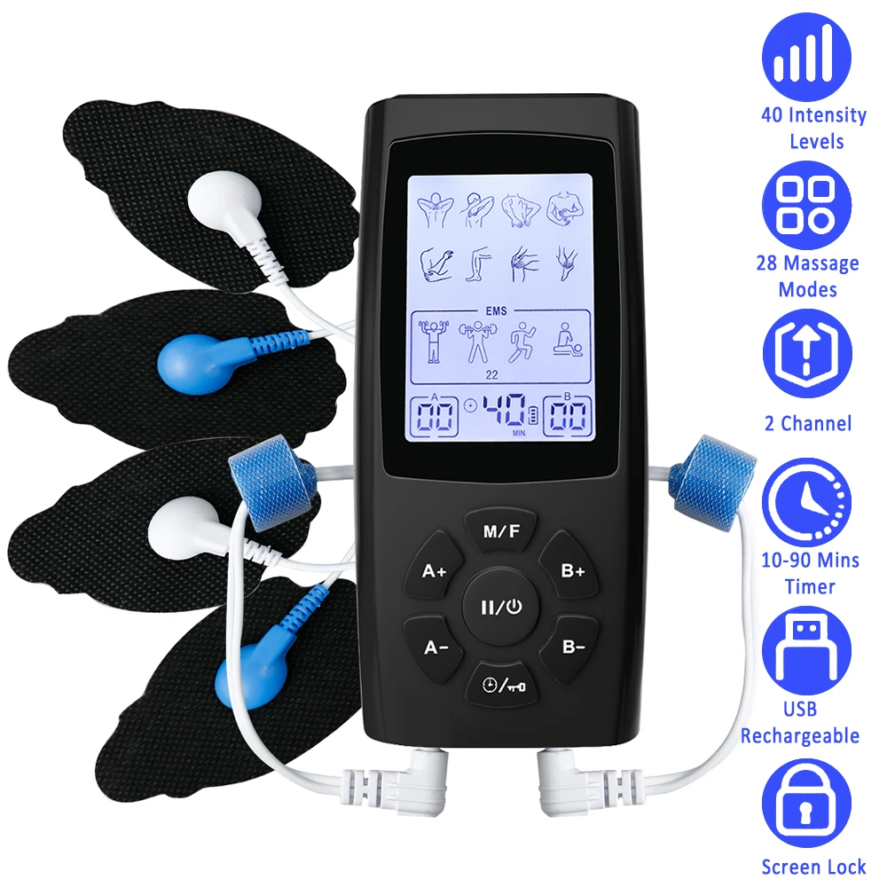 

Electric 40 Levels EMS Muscle stimulation 28 Modes Dual Output Electronic Pulse Massager Low Frequency Physiotherapy Device