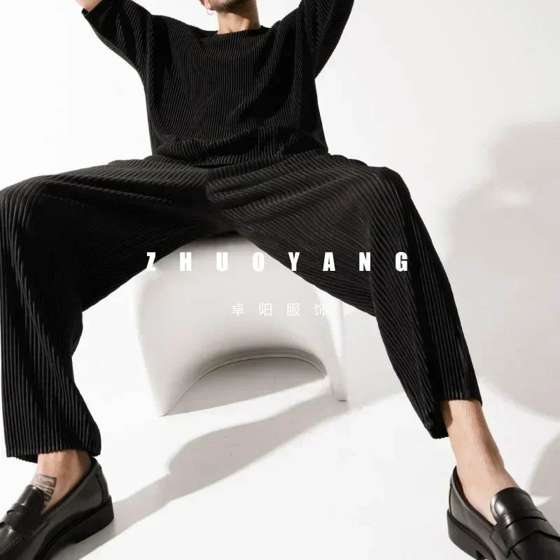 Miyake Original Men's Loose Casual Folding Pants Pleated Pendant Straight Pants 2025 Spring Wide Leg Pleated Pants Plus Size