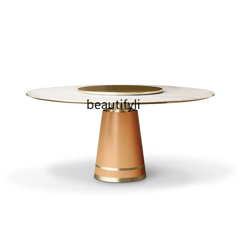 Mild Luxury Marble round Dining Table High-End Home Dining Table Living Room with Turntable Stainless Steel Dining Bench