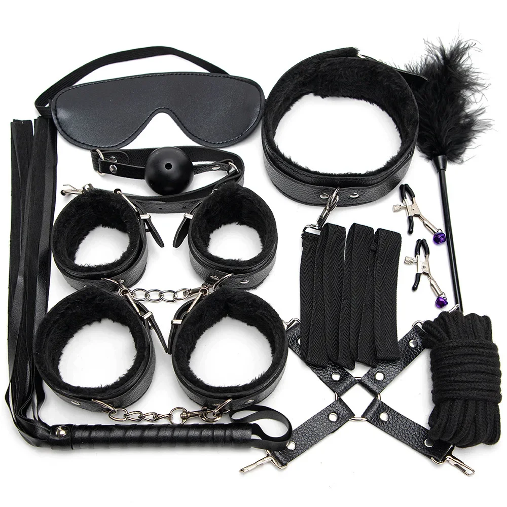 Sexy Leather BDSM Kits Handcuffs Nipple Clamps Whip Spanking Plush Sex Bondage Set Handcuffs Sex Games Sex Toys for Women Men