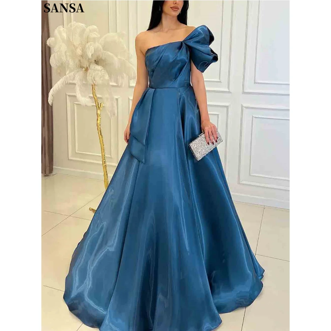 

Sansa Customized 2026 Teal One-Shoulder Satin Evening Gown with Bow Detail Voluminous Skirt and Floor-Length Formal Prom Dress
