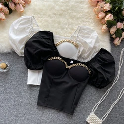 Blouse Women New Fashion Chain Tube Tops Slim Short Sleeve Shirt Solid Color White Black Blusas Rojas Mujer Blouse Clothes S803