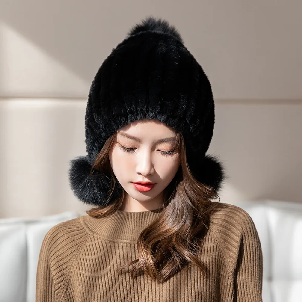 

Women Real Rex Rabbit Fur Hat Headwear Winter Warm Beanie Cap Headwear Fox Fur Pompom