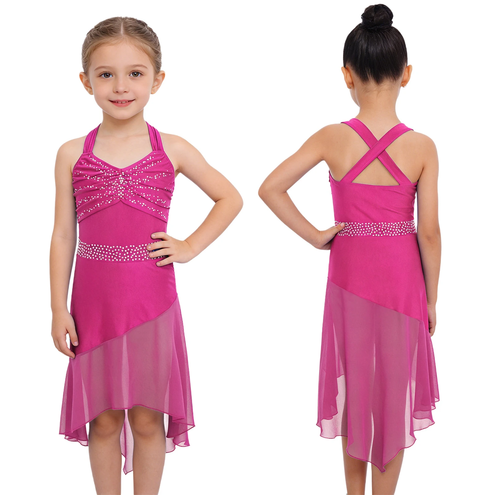 Robe de danse latine pour enfants, Costume de danse Cha-cha Samba pour filles, sans manches, strass, ourlet haut-bas en mousseline de soie, vêtements de danse de patinage