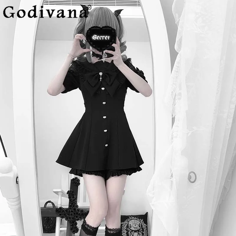 

Sailor Collar Long Short Sleeve Shirt Lace Shorts Set Women Mass Produced Style Lolita Outfits Female Japanese Style Short Suit