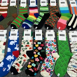 HAPPY SOCKS Women Rainbow Print Cotton Socks Flower Multicolor Strip Sock
