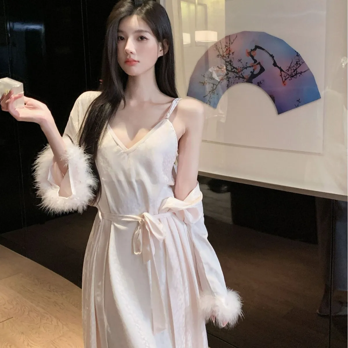 Female Long Robe Nightgown Set Sexy Fur Cuff Leopar Jacquard Satin Sleepwear Suspender Nightdress Casual Home Dress Bathrobe