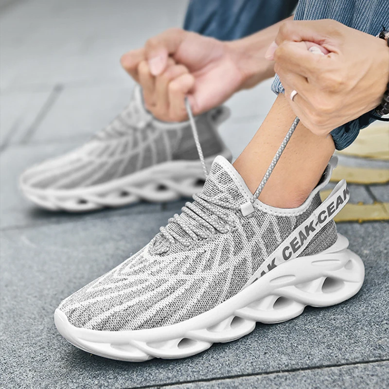 Men Sports Shoes Trendy Mesh Breathable Lace Up Running Shoes Thick Soled Rebound Cushioned Tennis Shoes for Men Big Size 39-50