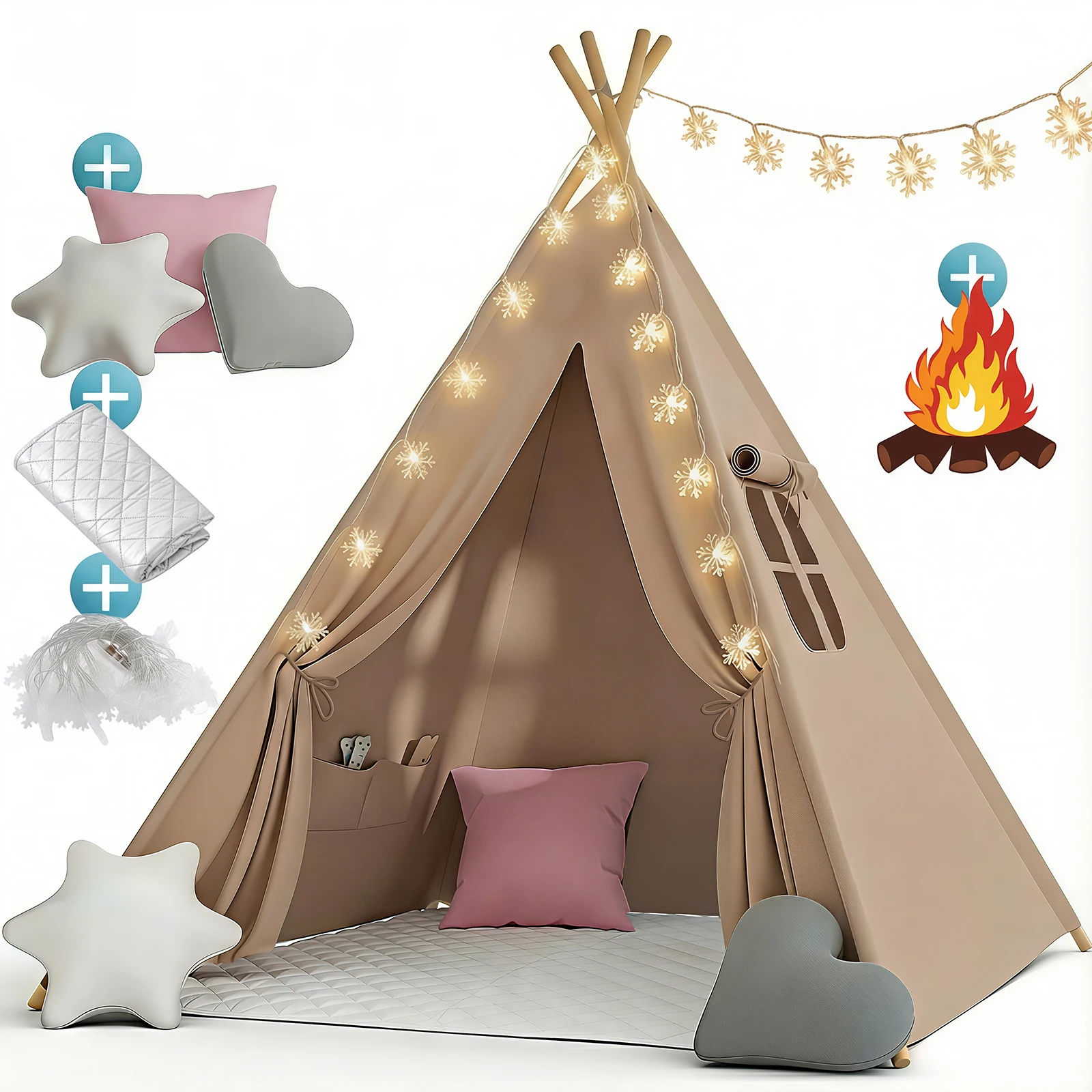 Faltbares Tipi-Zelt mit Kissen, Matten und LED-Sternenlichterkette, tragbares Spielzelt für Indoor/Outdoor-Gartenabenteuer