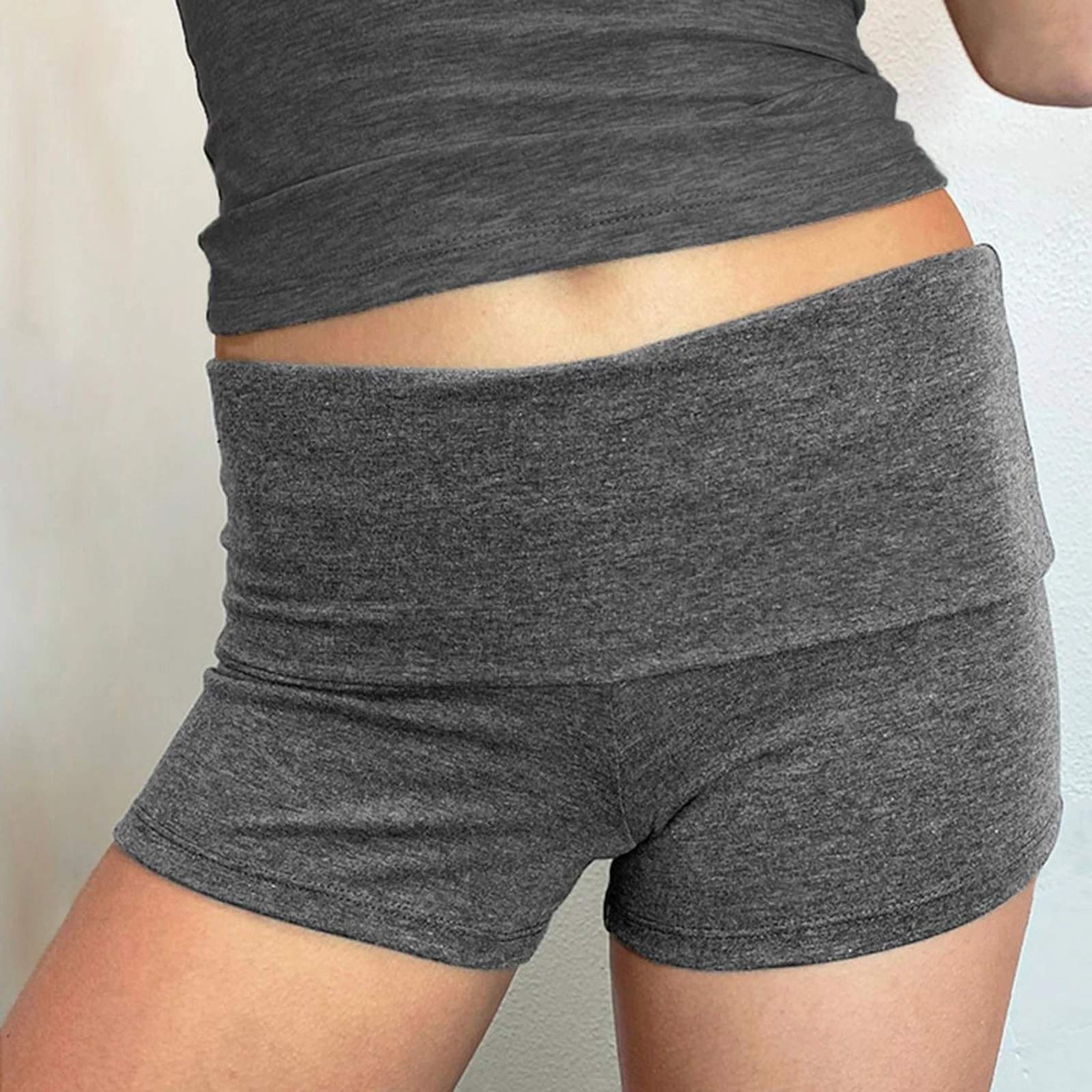 Summer Women\'s Slim Yoga Shorts Casual Solid Color Fold Over Low Waist Lounge Shorts