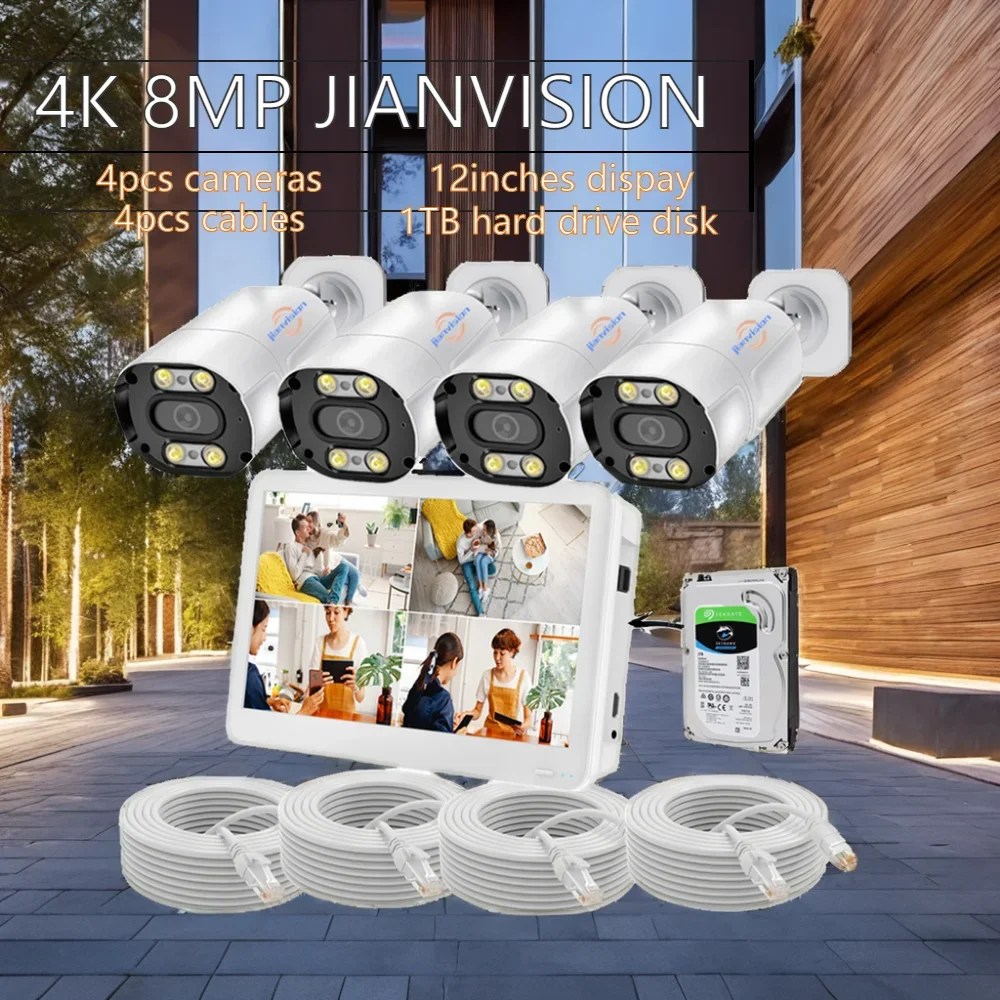 نظام كاميرا Jianvision 4K 8MP IP 4 قنوات تطبيق خارجي مع شاشة NVR وقرص القرص الصلب مقاس 12 بوصة