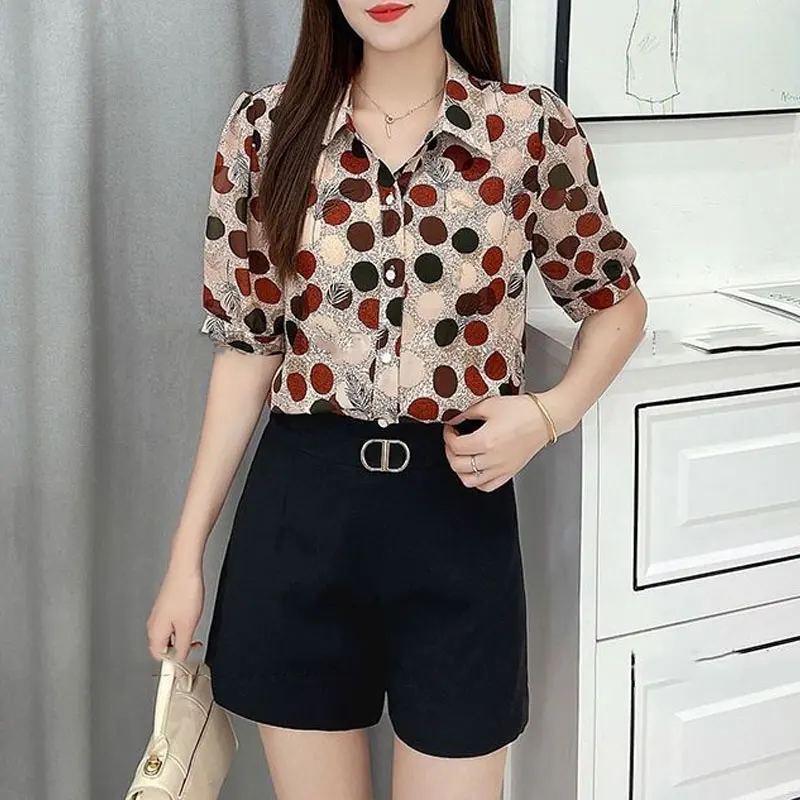 Office Lady Korean Polka Dot Shirt Women\'s Clothing Casual Single-breasted Summer New Turn-down Collar Loose Short Sleeve Blouse