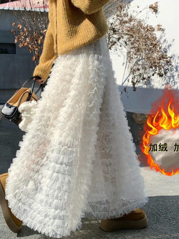 

SMTHMA Elegant Mesh Cake Gauze Skirt Women's New 2025 Autumn Winter Elastic High Waist Fluffy Long Skirt