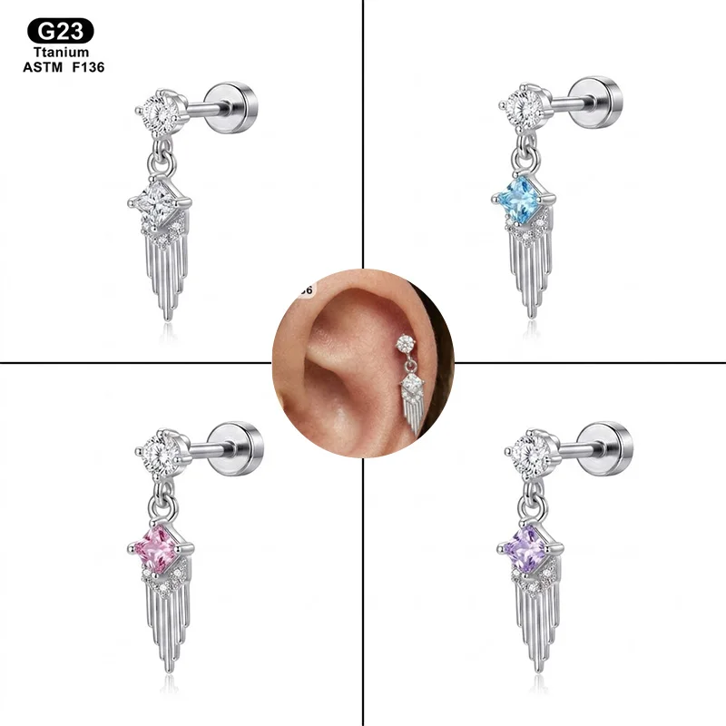 F136 Tassel Earring Radiant Square Gemstone Fringe Design Sparkling Pendant Stud Women Adult Sophisticated Trendy Artistic Stud
