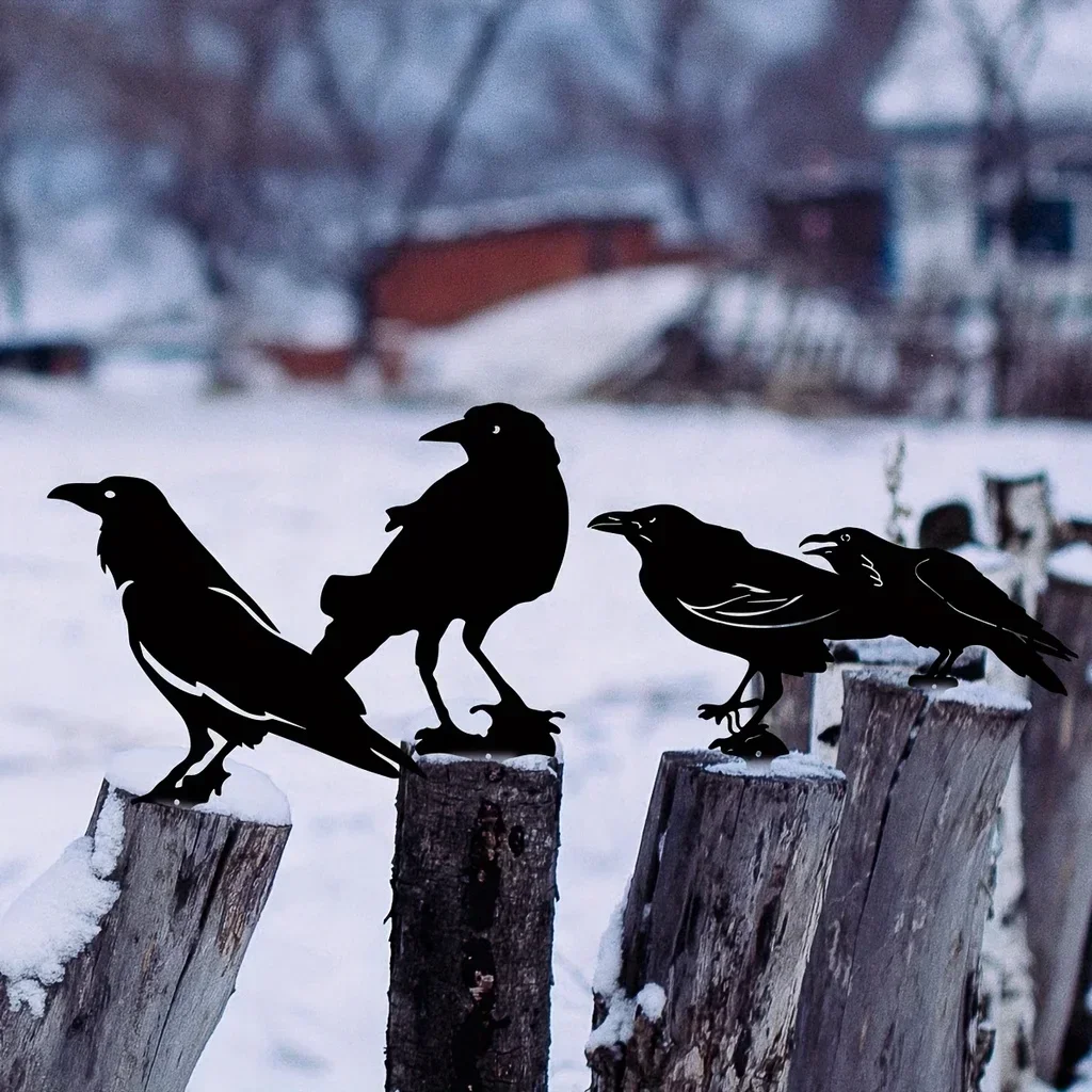 Charming Black Crow Silhouette Metal Garden Stakes Cute Bird