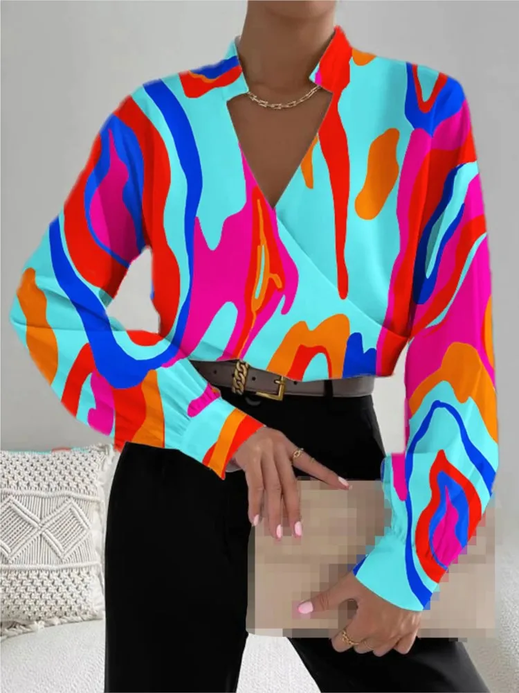 

Women's Autumn New Sexy V-neck Fashionable Printed Patchwork Shirt Casual Comfortable Long Sleeved Shirt For Women