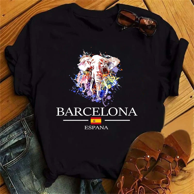 Barcelona Eagles Lions Leopards Print Women\'s T-Shirts Esppana Letter ​Harajuku Unisex Luxury TShirts Summer Short Sleeve Top