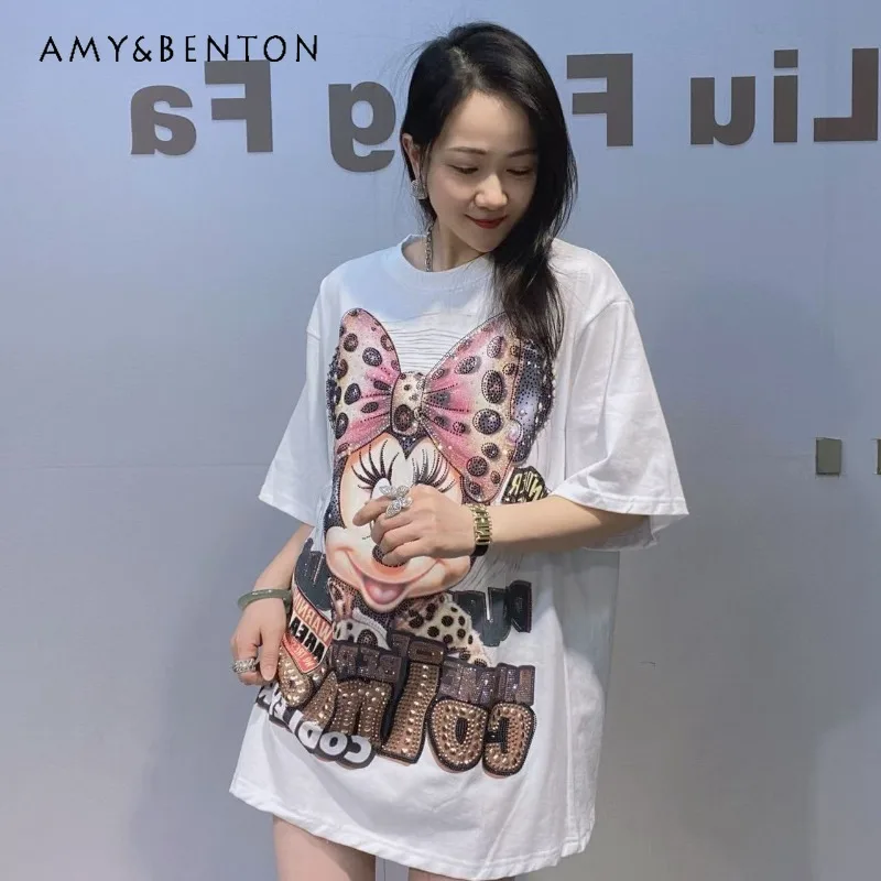 

Thickened Brushed Cotton Short Sleeved T-shirt Unisex Heavy Craft Big Bow Loose Oversized Trendy Brand Top Y2k Kawaii T-shirts