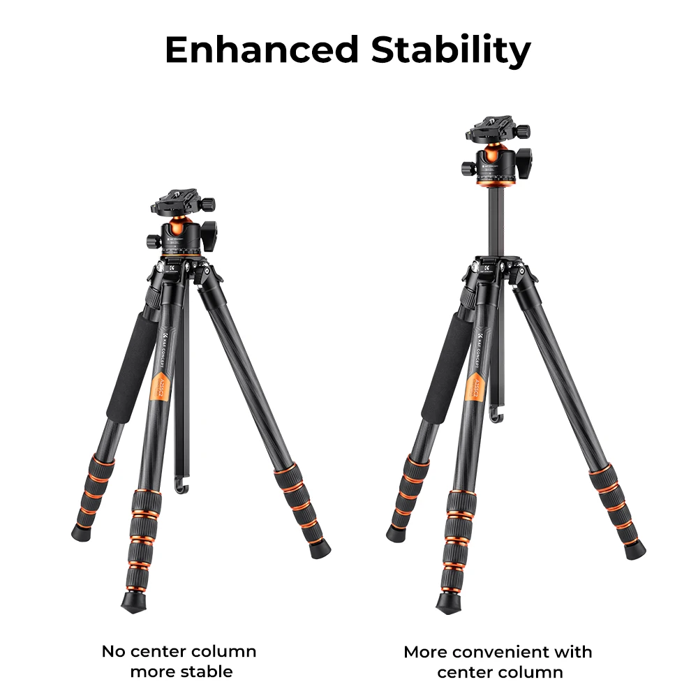 K&F Concept Professional Carbon Fiber Tripod 15kg/33lbs Max Load  Compact & Portable with 360° Ball Head & Detachable Monopod