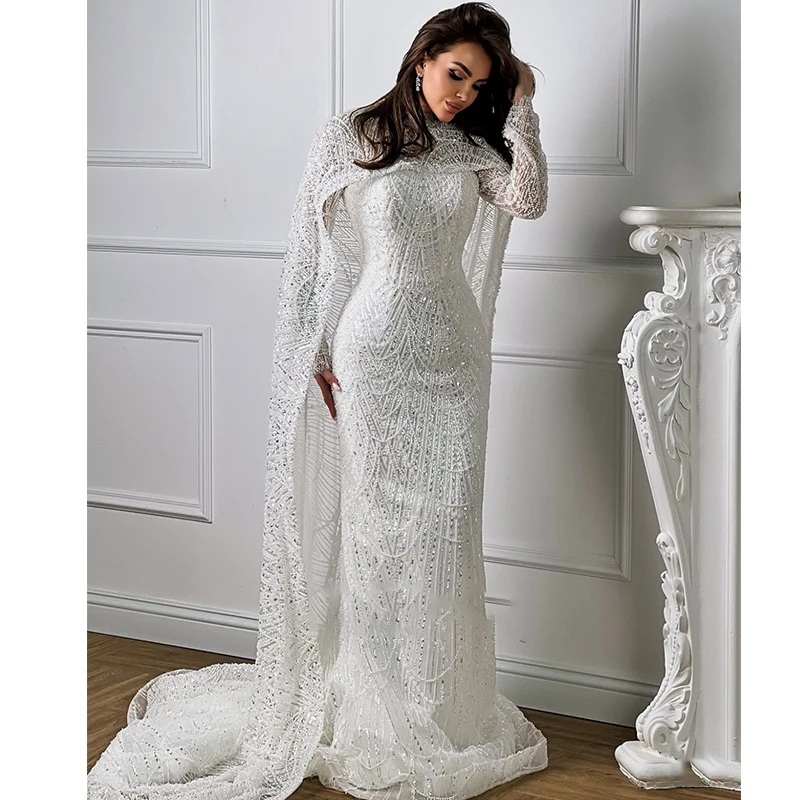 

Luxurious Mermaid Wedding Dress Lace With Beading Ball Gown High-Neck Full Sleeve Shawl Bride Dress Customized Vestido De Novia