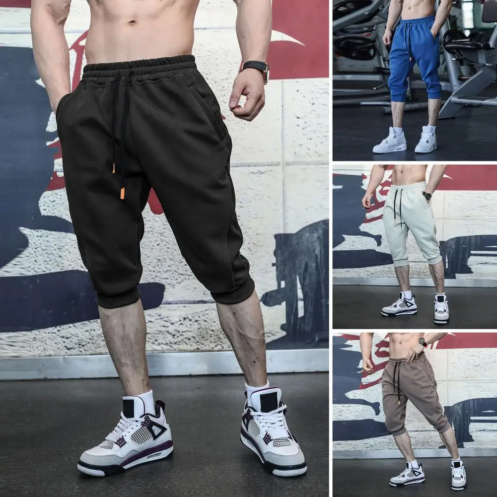 Men Cropped Pants Elastic Drawstring Waist Solid Color Casual Sport Pants With Zipper Pockets Fitness Pants